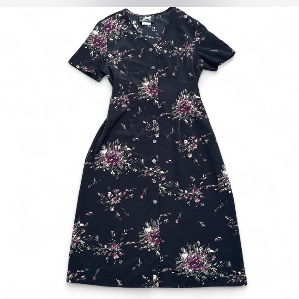Posé Vintage size 10 Navy black floral maxi dress with button front